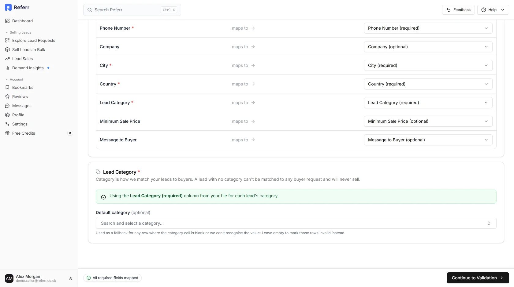 The Lead Category panel confirming the category column from the file is being used, with an optional default category picker