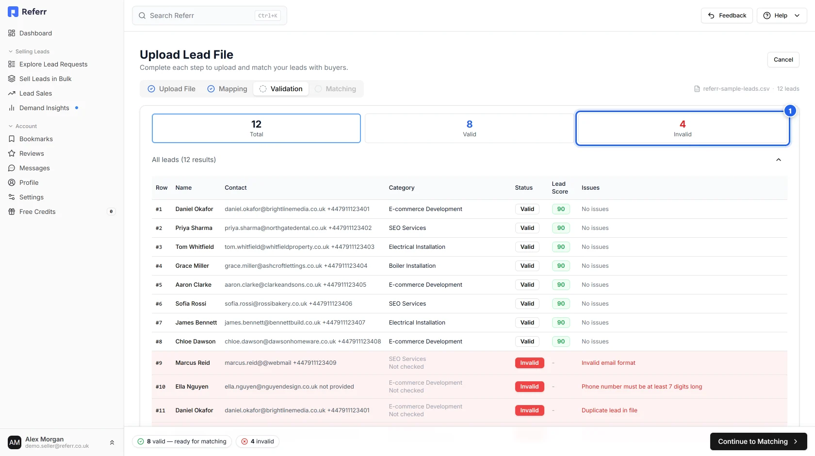 Validation results showing 12 total leads, 8 valid and 4 invalid, with a table of every row and its issues