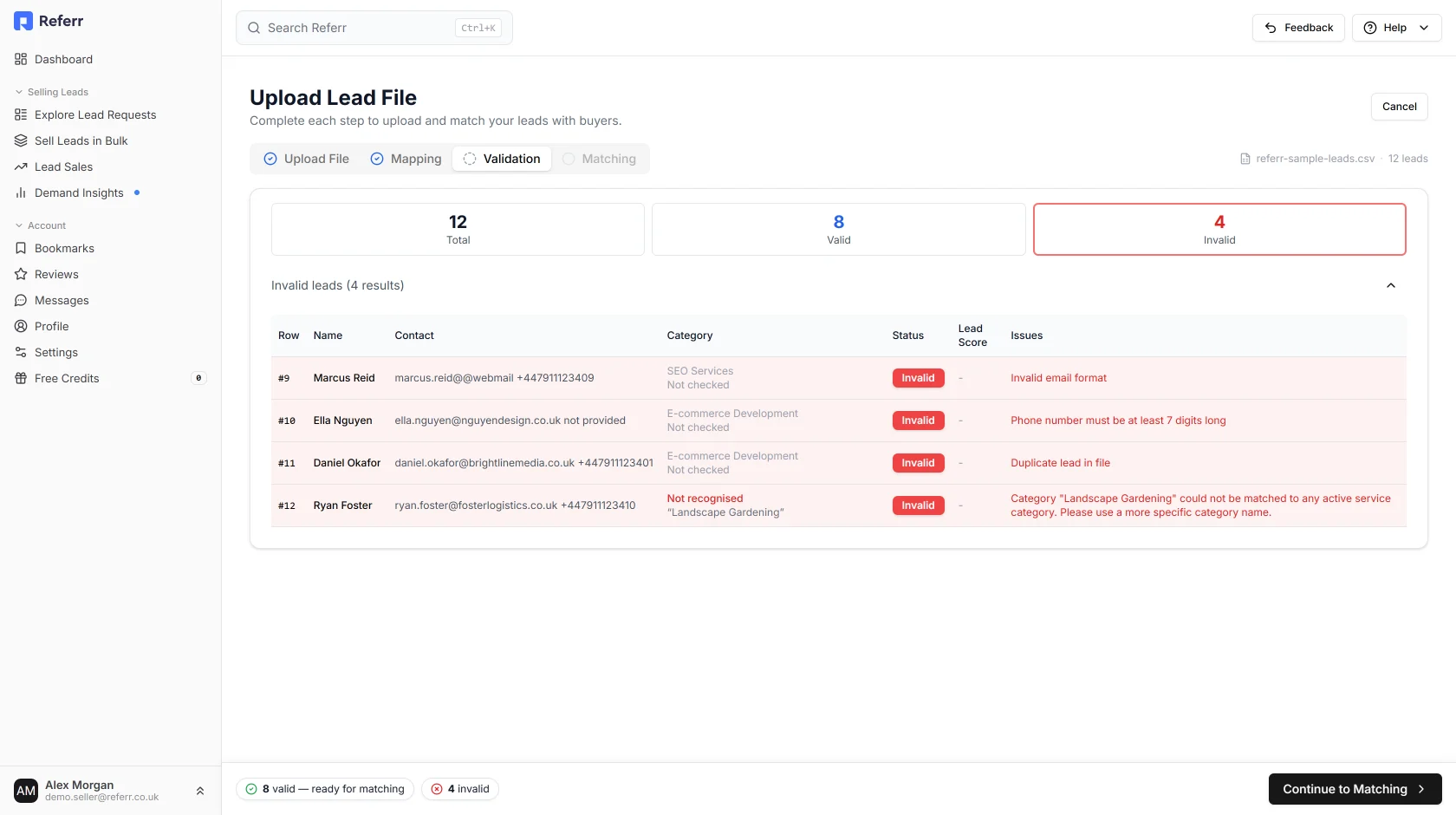 The invalid leads view listing four rejected rows with the reason for each: invalid email format, phone too short, duplicate lead, and unrecognised category